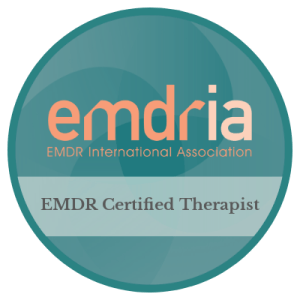 Blue EMDRIA EMDR Certified Therapist circle badge
