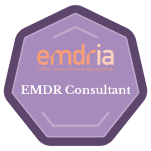 EMDRIA EMDR Consultant badge that is purple colored with white text. 